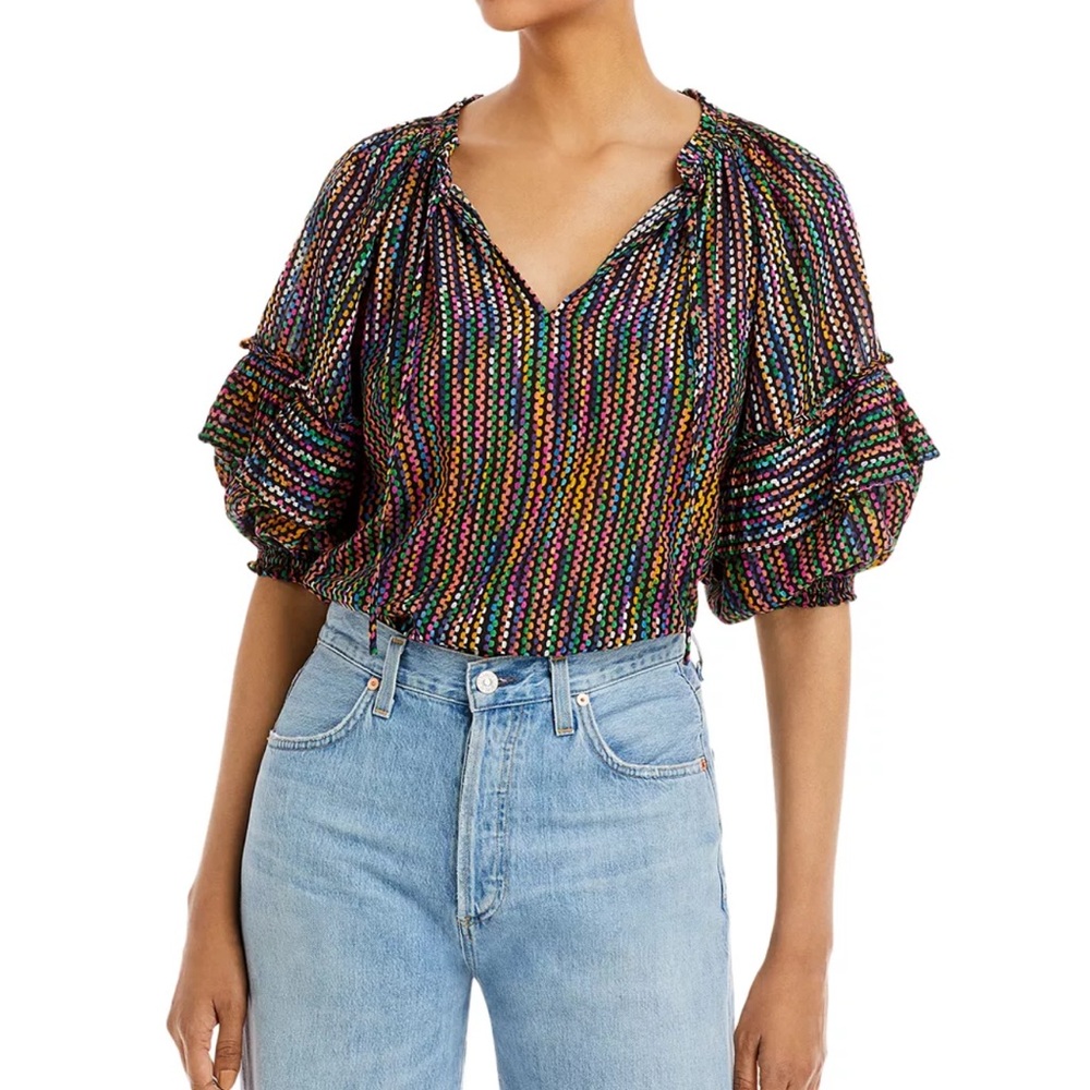 Ramy Brook Multicolor Striped Ruffle Sleeve V-Neck Blouse